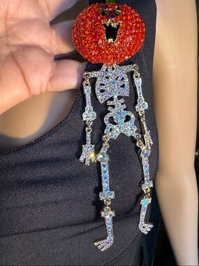 Kirk’s Folly Crystal Pumpkin Skeleton Dangle Brooch